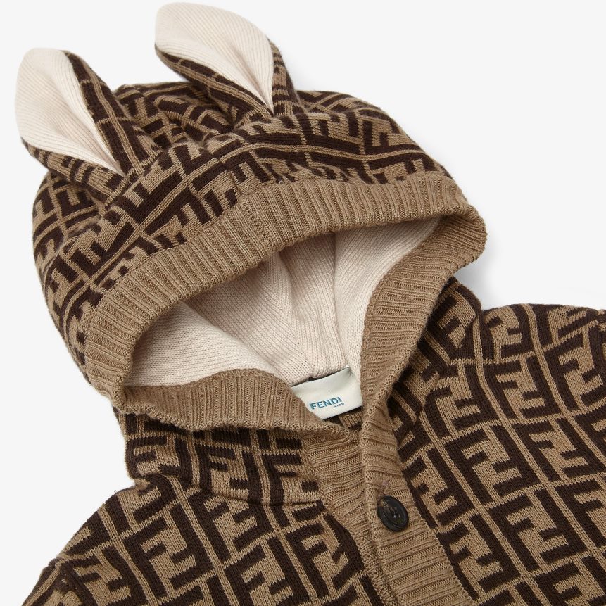 Fendi Kids Cotton And Cashmere Baby Cardigan With Ears And TobaccoFF Logo 