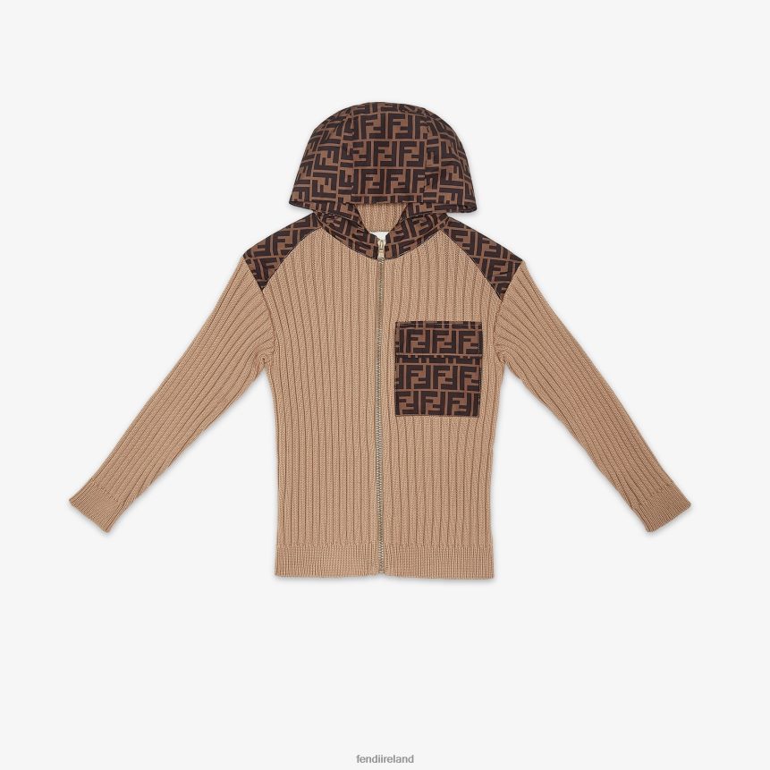 Fendi Kids Cotton Knit And FF Nylon Sweater R06TFR2962 Apparel Beige