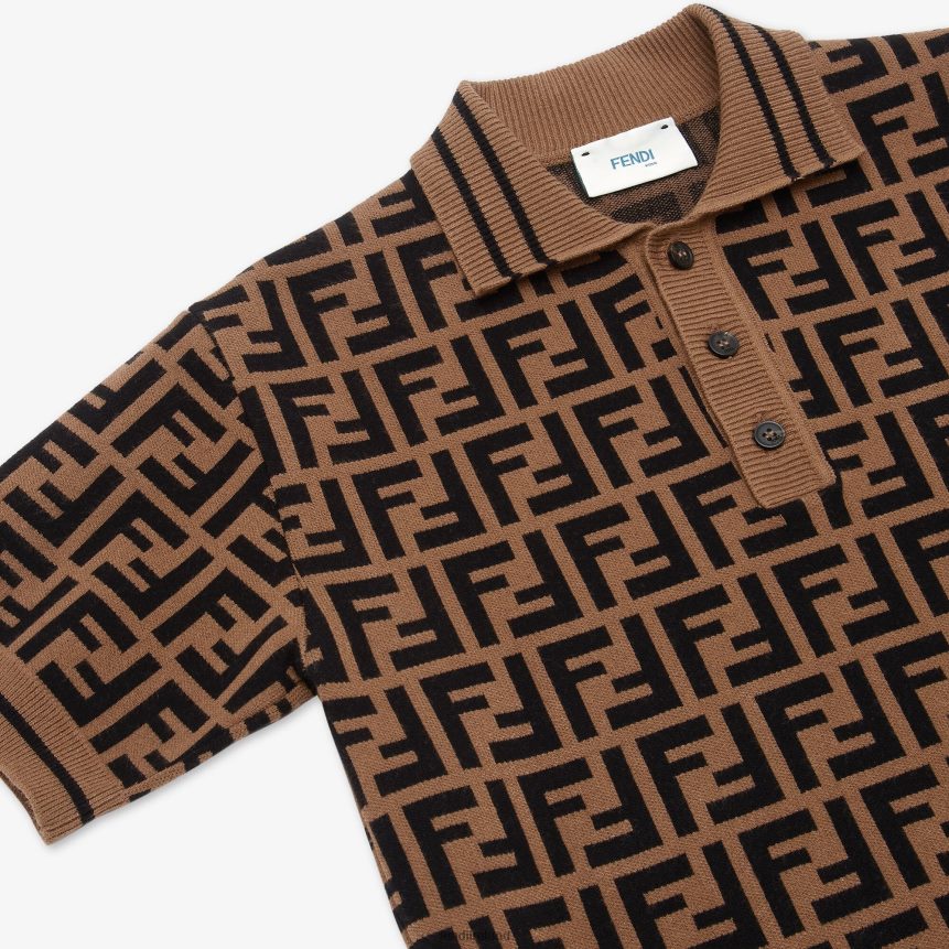 Fendi Kids Knit Polo Shirt With All-Over FF R06TFR2958 Apparel Multicolor