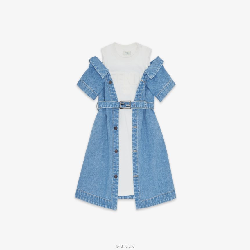 Fendi Kids Jersey Fleece And Denim Junior Dress R06TFR2923 Apparel Blue
