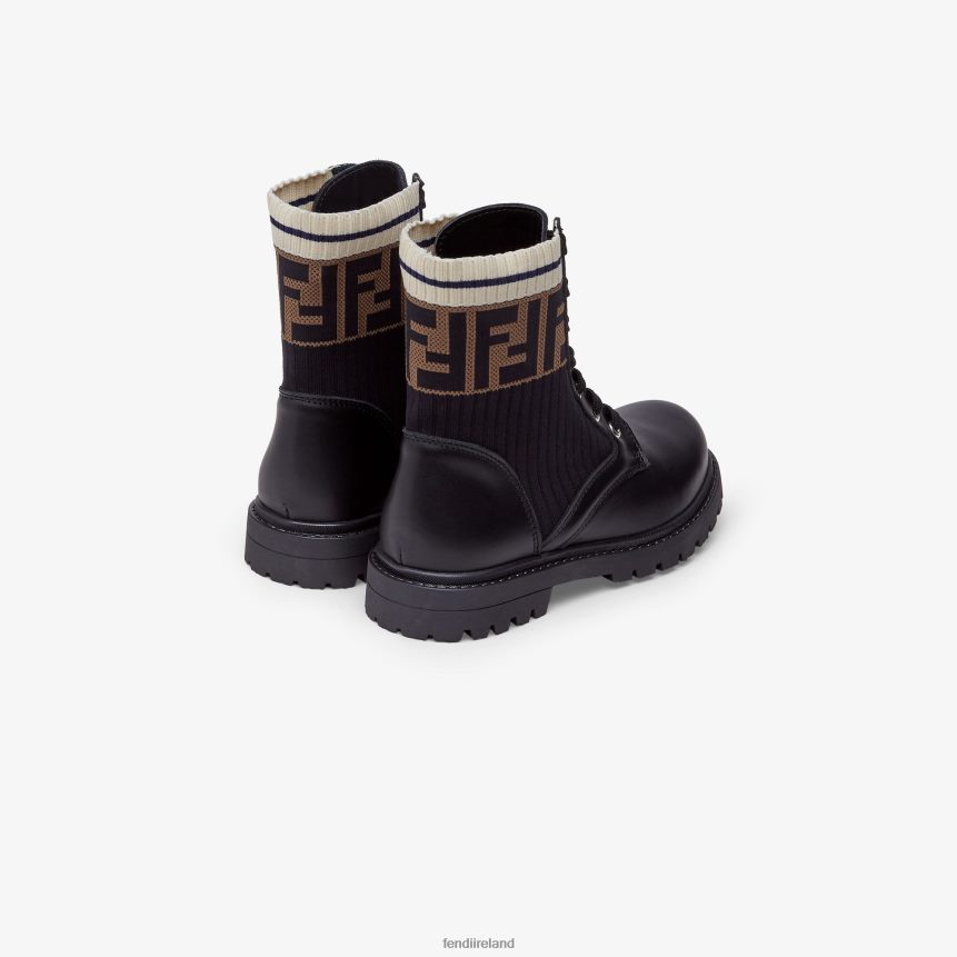 Fendi Kids Unisex Junior Biker Boots In Leather And Fabric R06TFR2951 Shoes Black