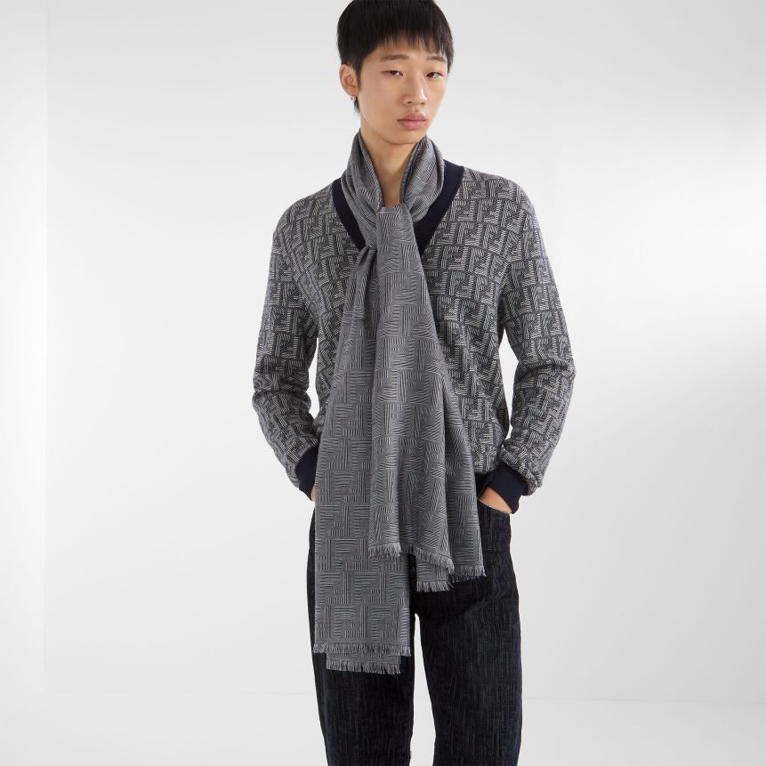 Fendi Men Wool And Silk Scarf R06TFR2545 Accessories Blue