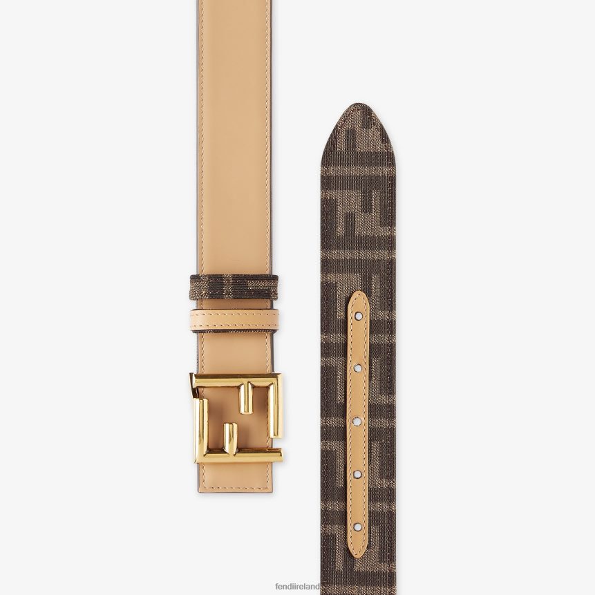 Fendi Women Leather And FF Fabric Reversible Belt R06TFR235 Accessories Beige