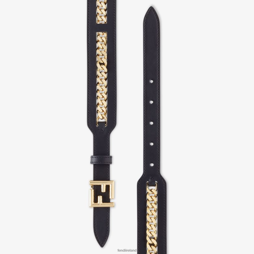 Fendi Women Leather Belt With Chain Detail R06TFR104 Accessories Black