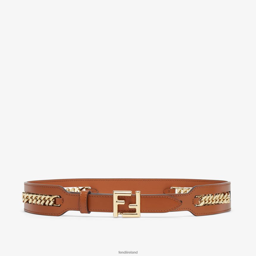 Fendi Women Leather Belt With Chain Detail R06TFR94 Accessories Brown