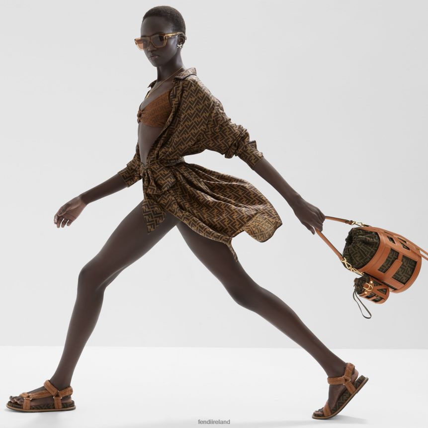 Fendi Women Leather And FF Fabric Bucket Bag R06TFR84 Accessories Brown