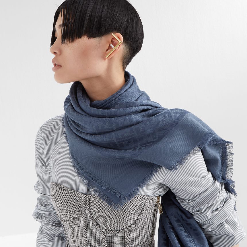 Fendi Women Organic Silk And Wool Shawl R06TFR304 Accessories Blue