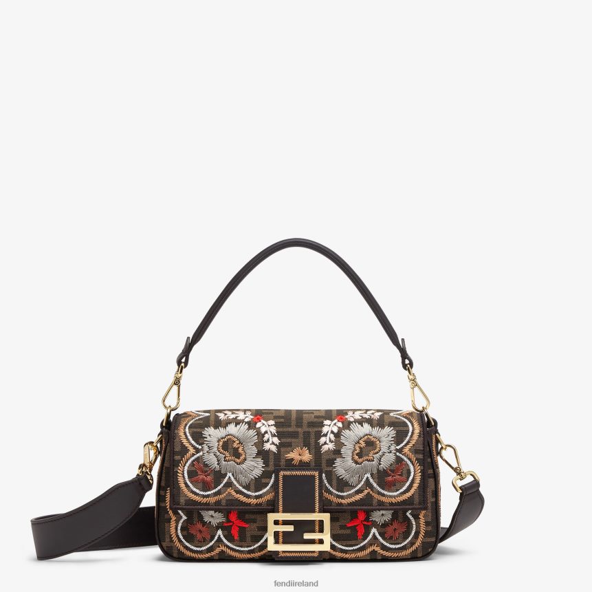 Fendi Women FF Jacquard Fabric Bag With Floral Embroidery R06TFR583 Accessories Brown