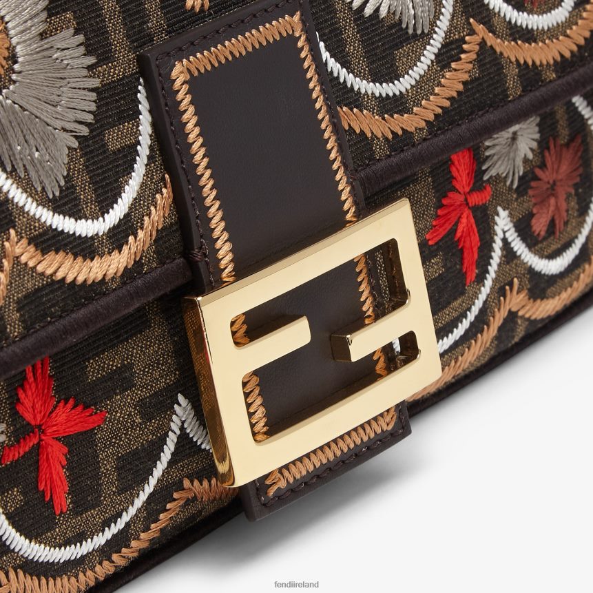 Fendi Women FF Jacquard Fabric Bag With Floral Embroidery R06TFR583 Accessories Brown