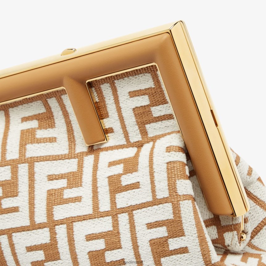 Fendi Women RaFFia Bag With Tapestry Fabric FF Motif R06TFR598 Accessories White