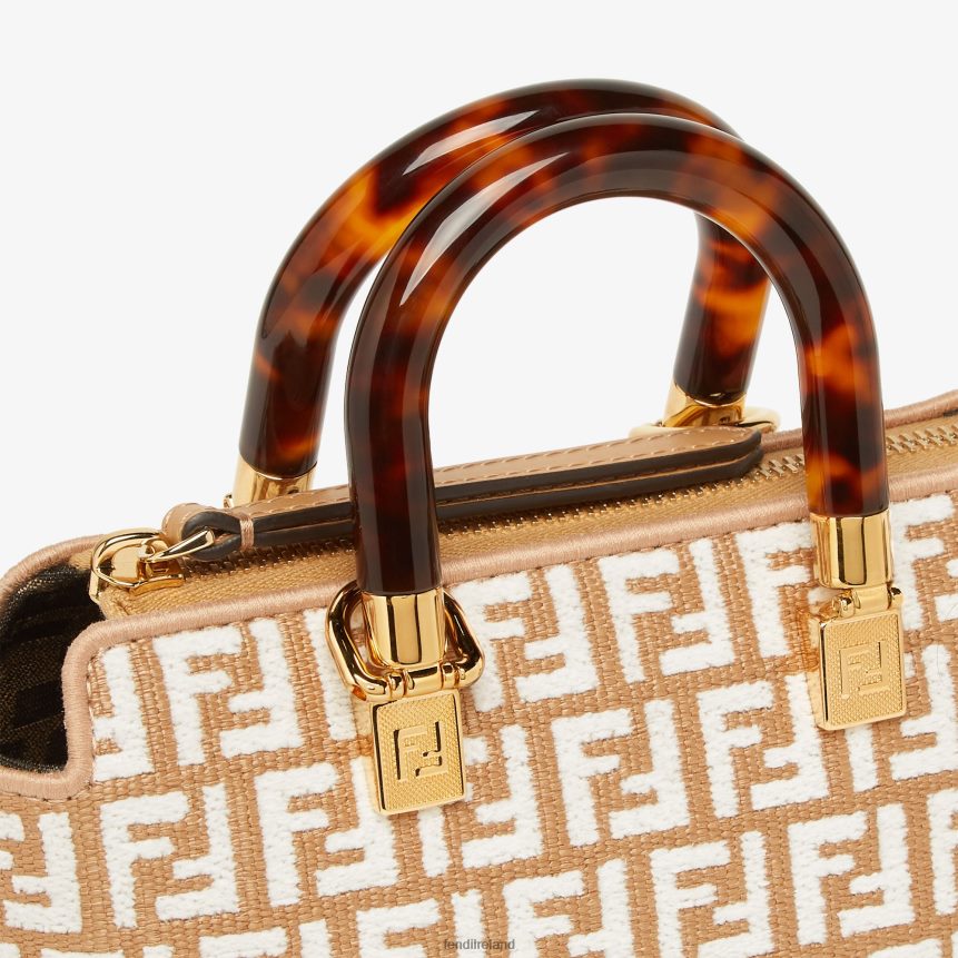 Fendi Women Small RaFFia Boston Bag With A Tapestry Fabric FF Motif R06TFR601 Accessories White