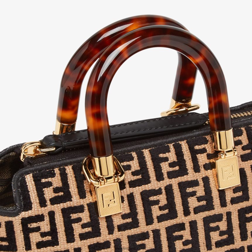 Fendi Women Small RaFFia Boston Bag With A Tapestry Fabric FF Motif R06TFR651 Accessories Black