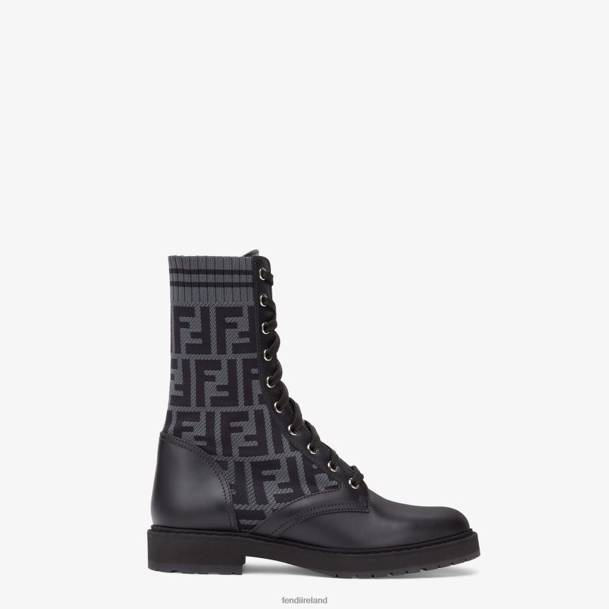 Fendi Women Leather Biker Boots With Stretch Fabric R06TFR1353 Shoes Black