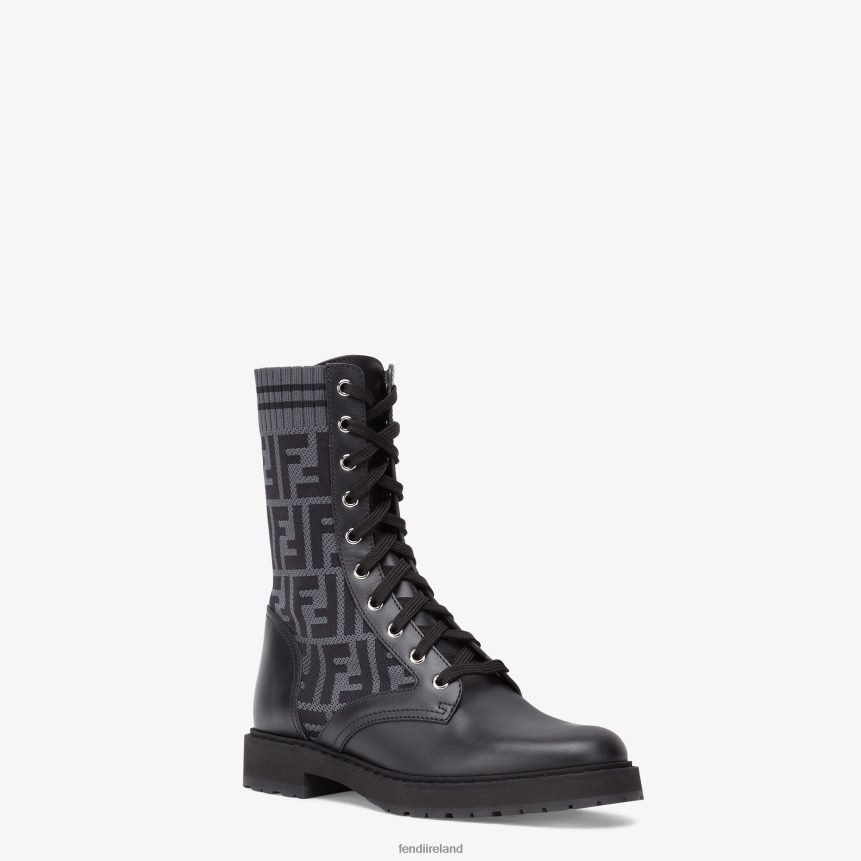 Fendi Women Leather Biker Boots With Stretch Fabric R06TFR1353 Shoes Black